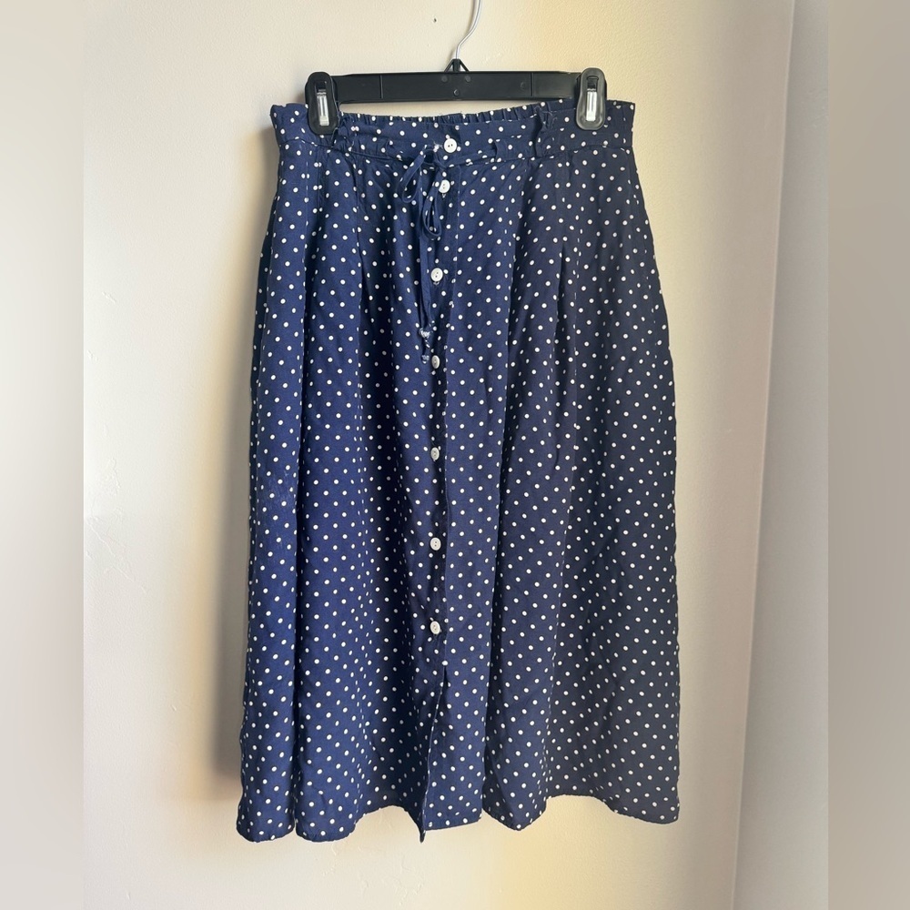 David Brooks Navy Blue Polka Dot Vintage Inspired Button Front Midi Skirt 10